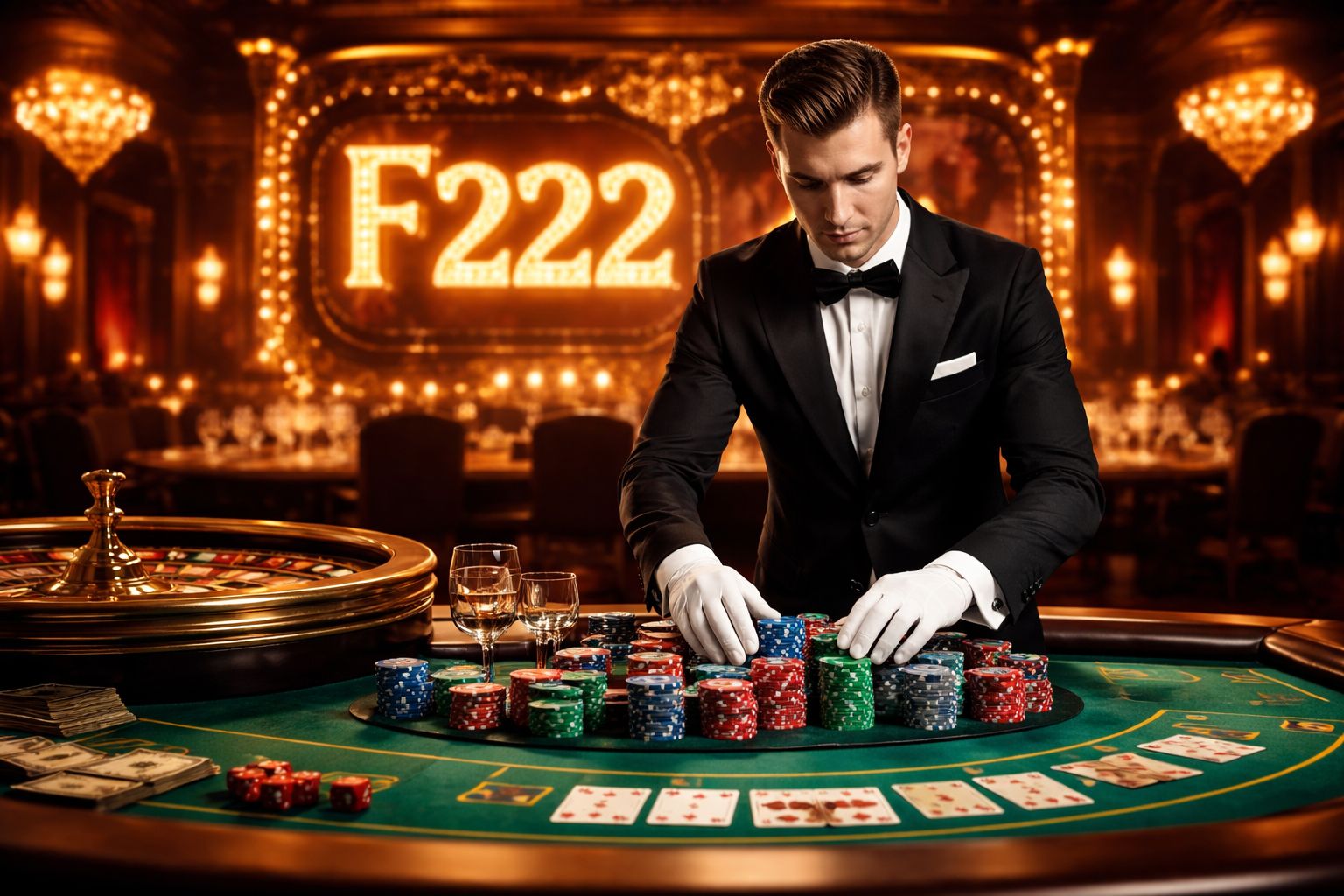 Professional Bengali croupier in formal attire presenting the gaming table with bright chips symbolizing trust and thrilling excitement at F222 lounge
