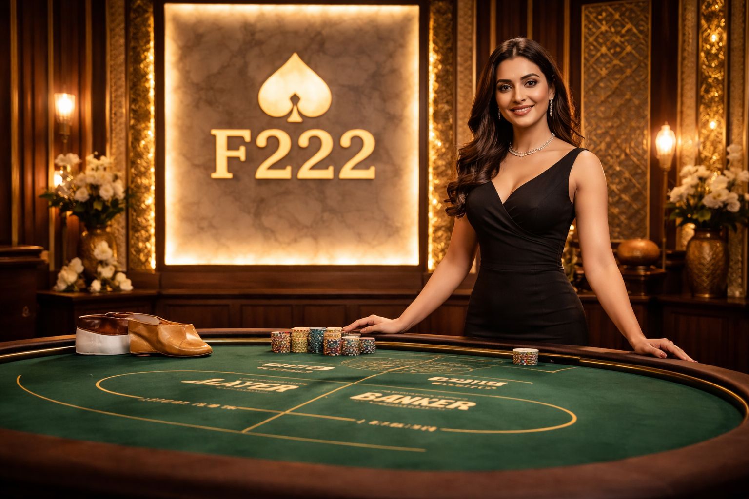 Professional live venue host in elegant formal attire welcoming bettors at a wagering table showcasing the premium F222 venue experience in Bangladesh