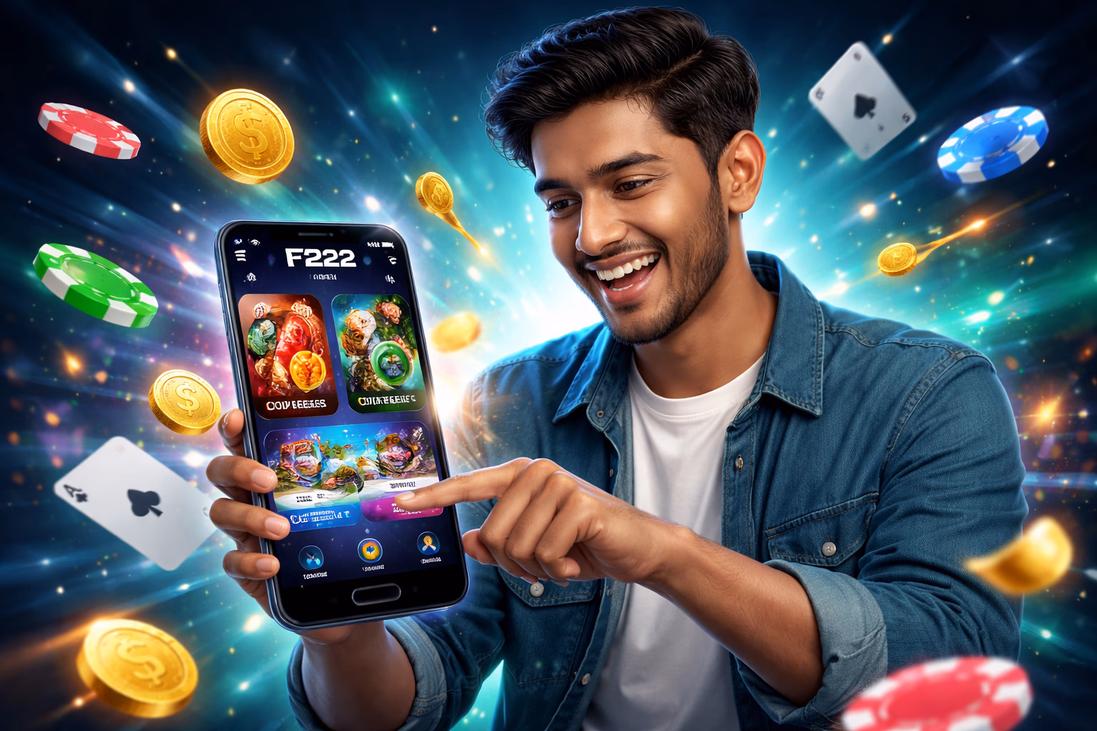 Cheerful Bangladeshi player using the F222 mobile app with colorful chips and card icons floating around the phone screen