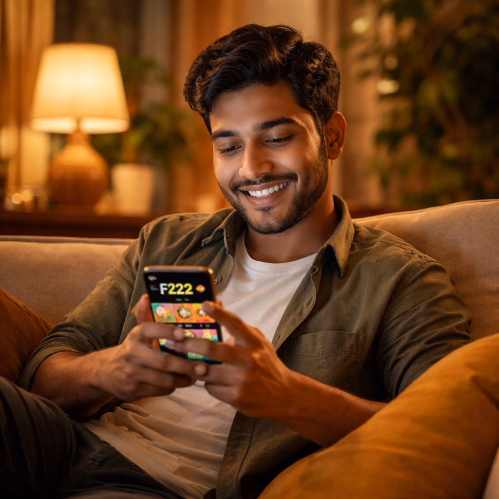 Smiling Bangladeshi user relaxing on a sofa while using the F222 casino app on a smartphone in a cozy living room