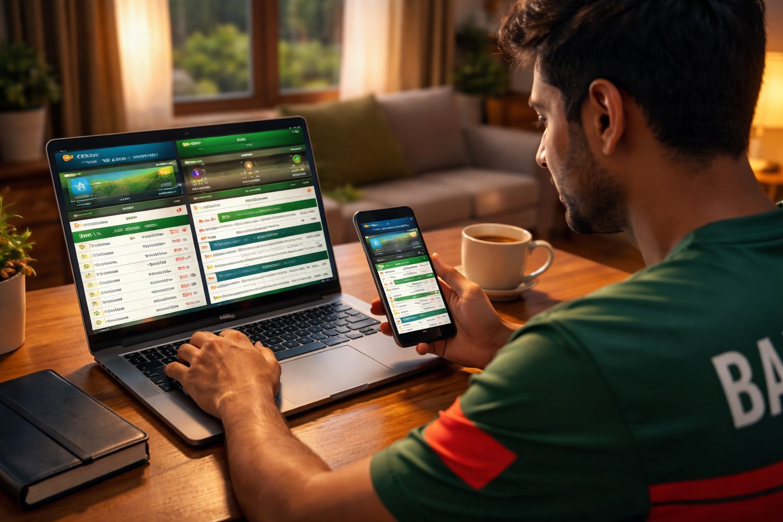 Bangladeshi bettor comparing cricket and football odds on a laptop and mobile phone through the F222 dashboard at home