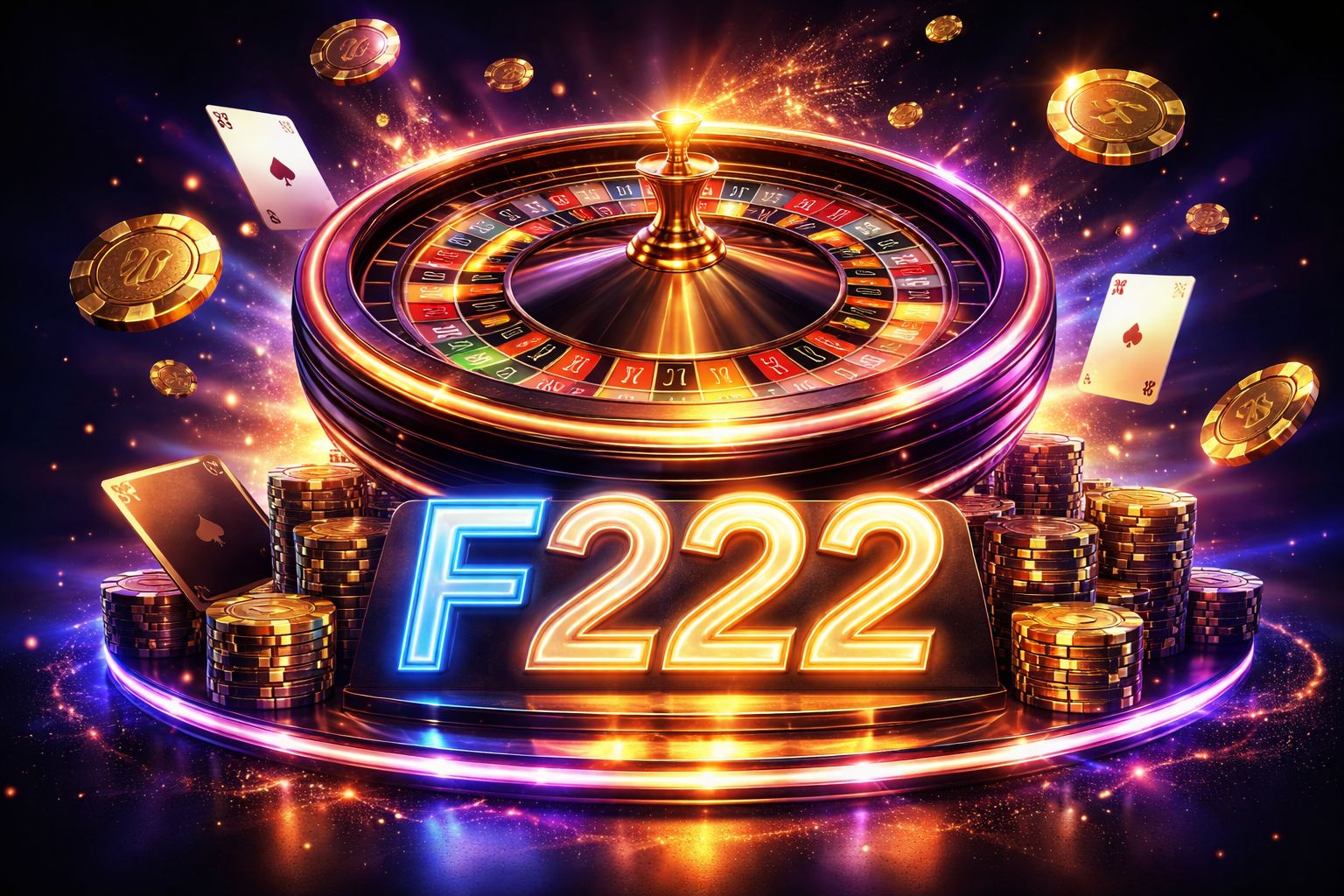 Vivid digital roulette wheel projected above a glowing F222 neon sign with floating chips symbolising premium casino entertainment in Bangladesh