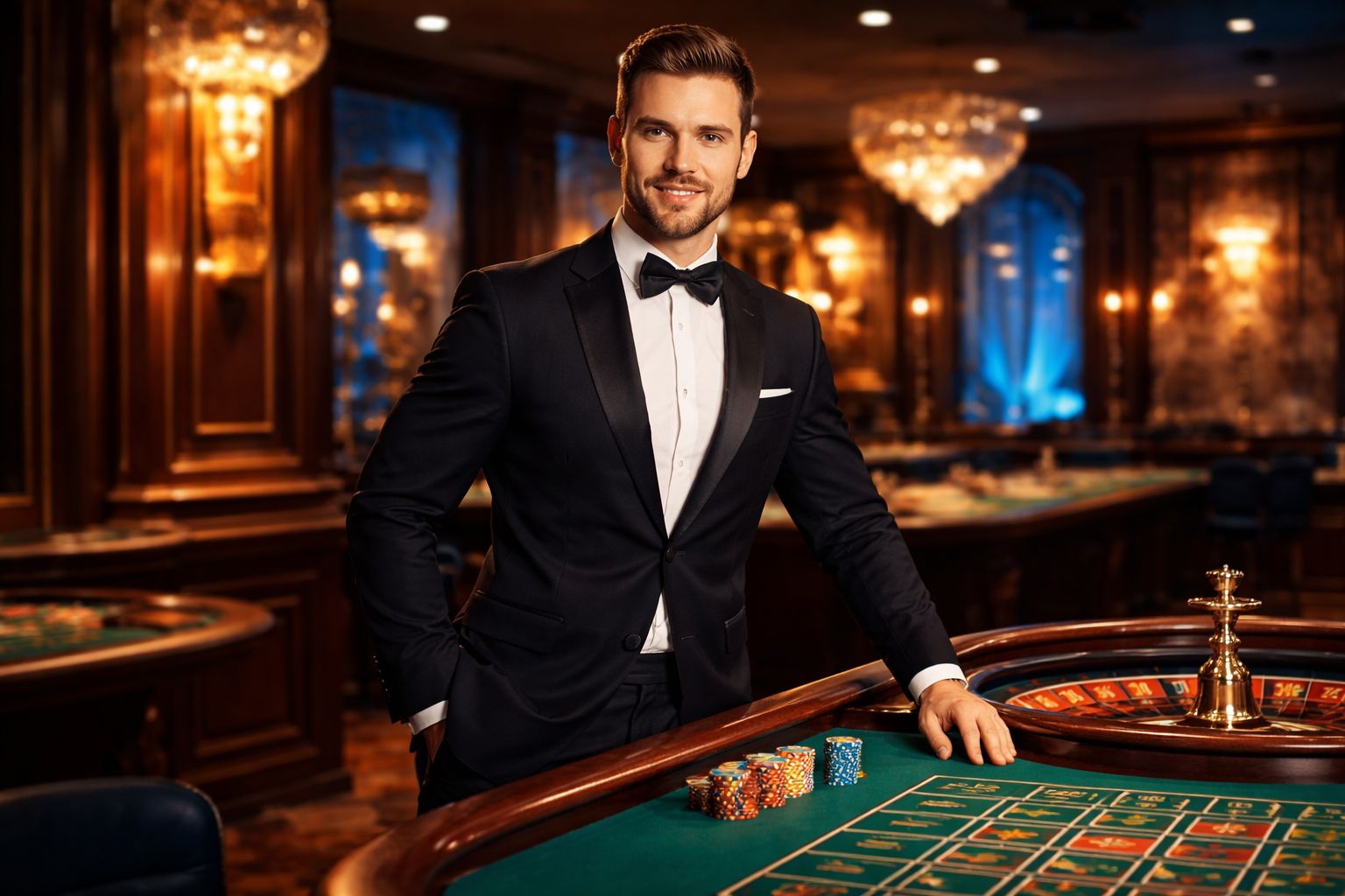 Elegant croupier in professional attire confidently managing a roulette table surrounded by refined decor and vibrant lights showcasing the upscale live casino atmosphere at F222 in Bangladesh