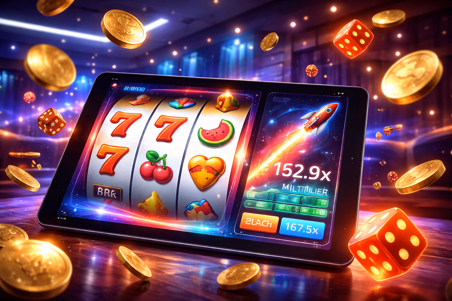 Sleek tablet showcasing an F222 crash game with rising multipliers and glowing chips creating a vivid digital gaming stage