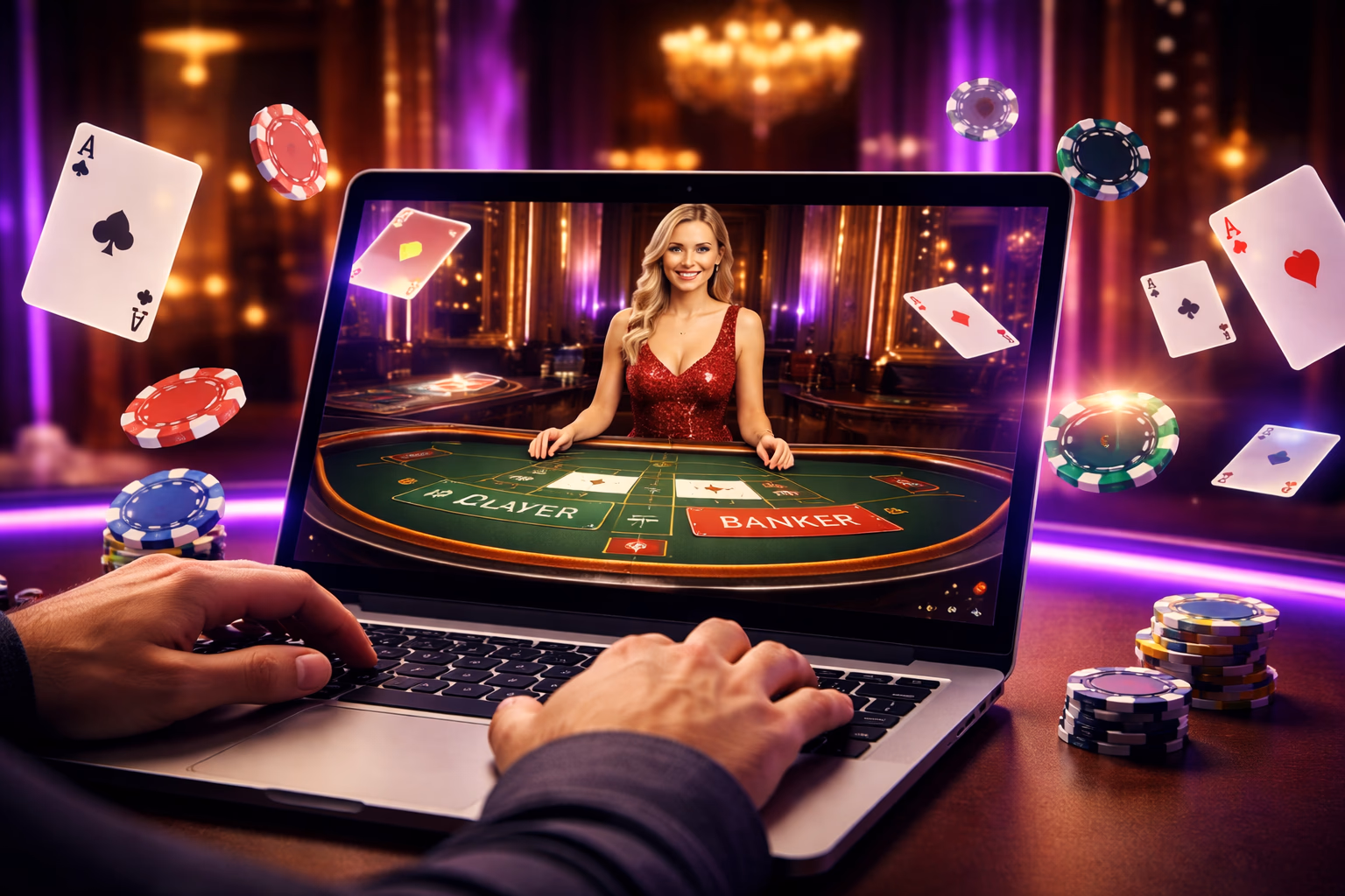 Focused casino enthusiast interacting with a laptop under neon-lit surroundings enjoying the F222 virtual gaming journey in Bangladesh
