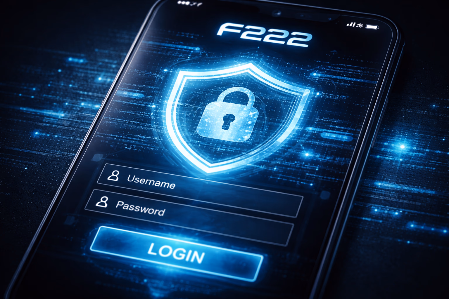 Digital shield icon overlaying a login screen with encrypted padlock symbols representing F222 security