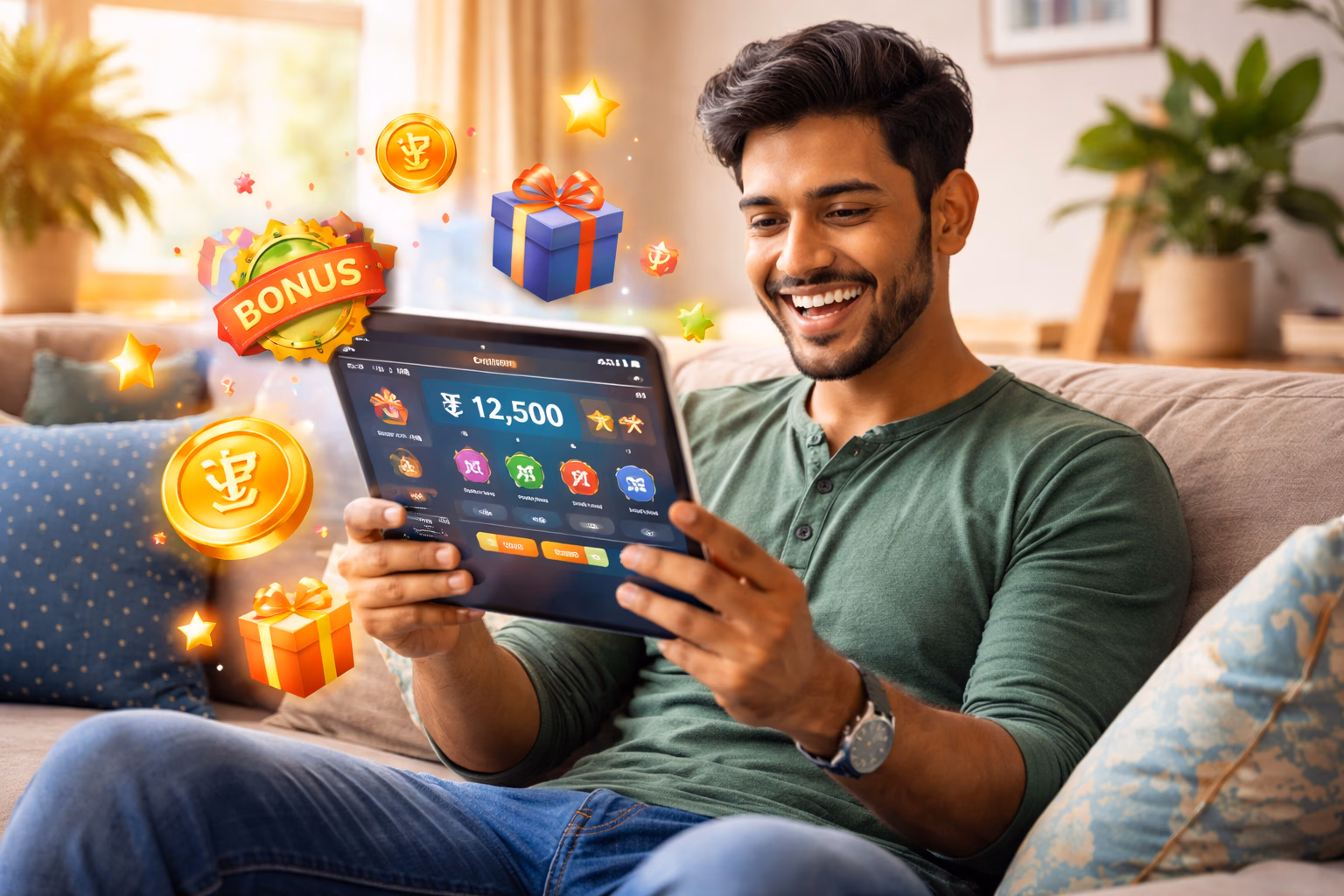 Bangladeshi player smiling while reviewing F222 dashboard with reward icons and taka symbols floating around